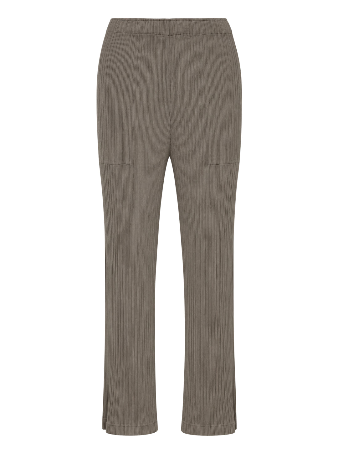 Issey Miyake Hatching Pleats pleated pants in muted taupe-grey with elasticated waist, patch pockets and straight leg, front view
