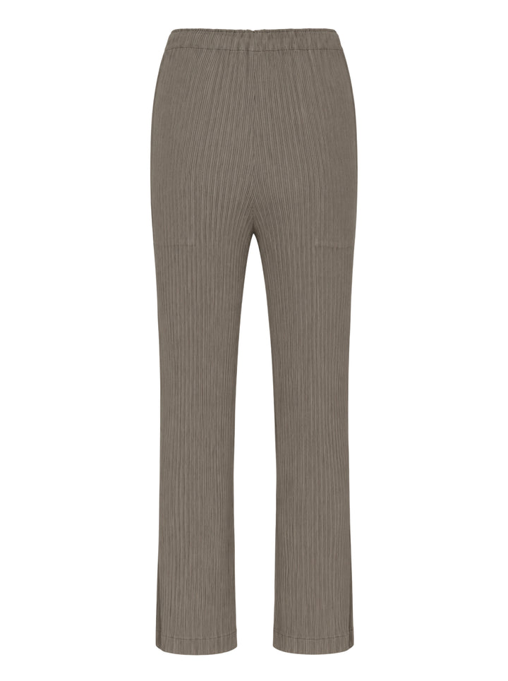 Issey Miyake Hatching Pleats pleated pants in muted taupe-grey with elasticated waist, patch pockets and straight leg, front view - view 2