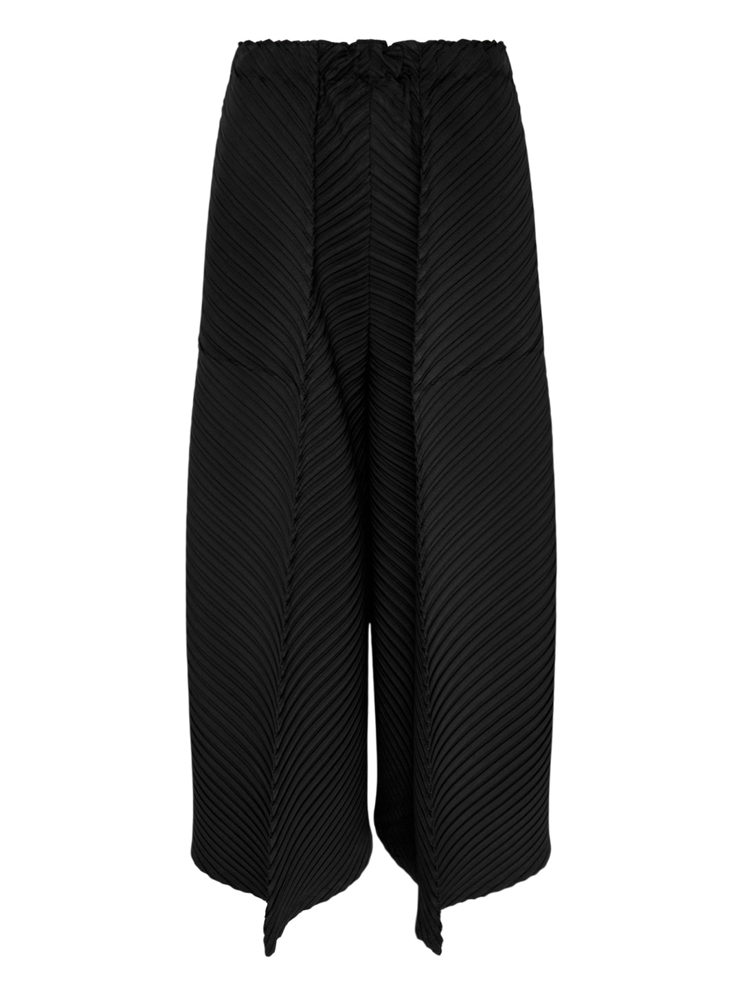 Issey Miyake Tubular Pleats wide-leg black pants with diagonal chevron pleating and elasticated waistband, displayed flat on white background