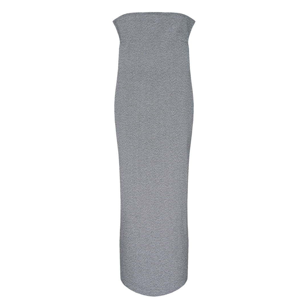 Issey Miyake Allow black strapless column maxi skirt with wide waistband and side slit, photographed flat on white background