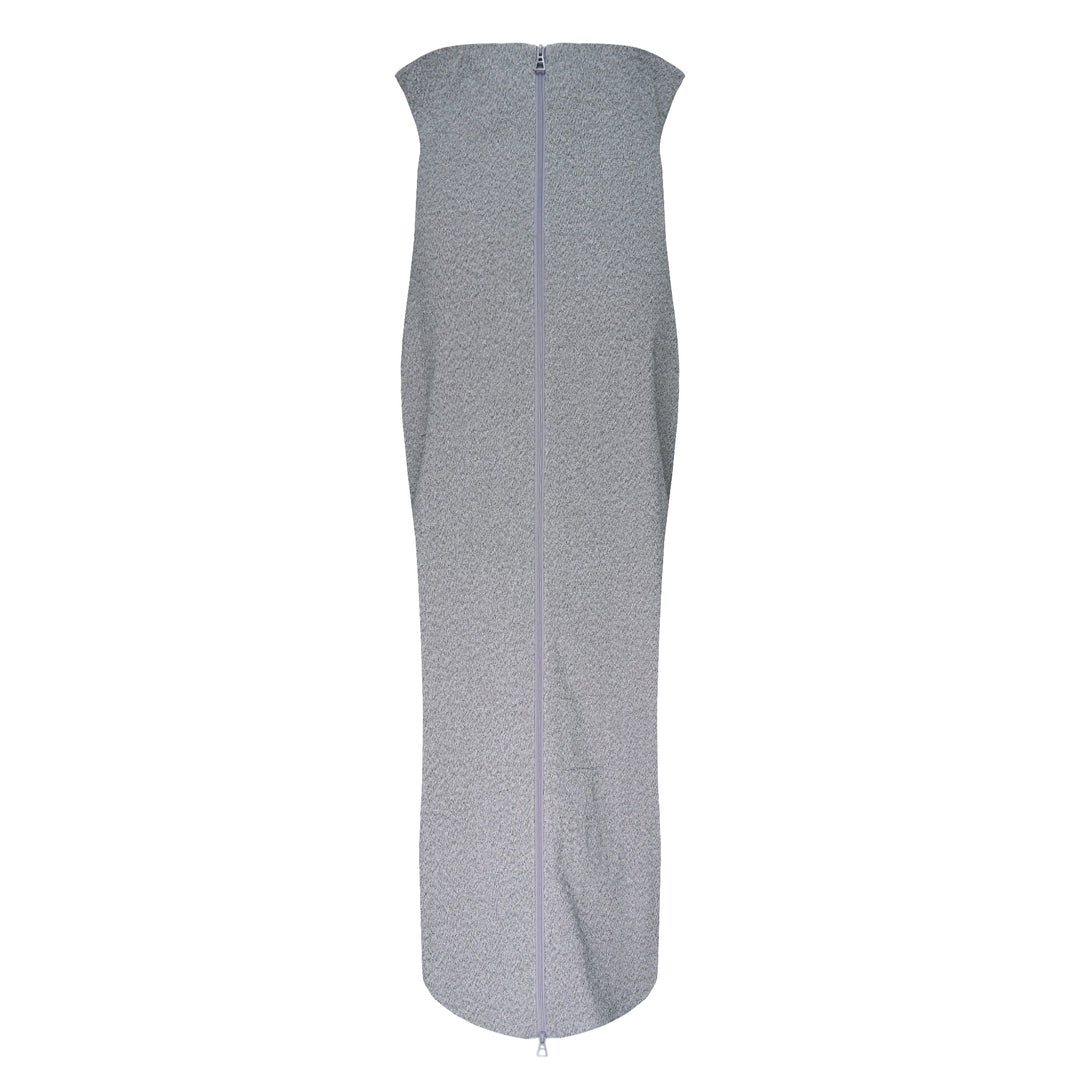 Issey Miyake Allow black strapless column maxi skirt with wide waistband and side slit, photographed flat on white background