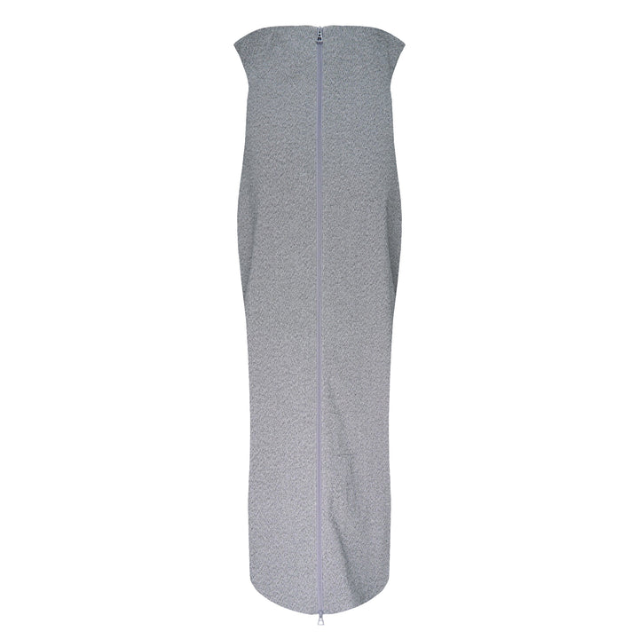 Issey Miyake Allow black strapless column maxi skirt with wide waistband and side slit, photographed flat on white background