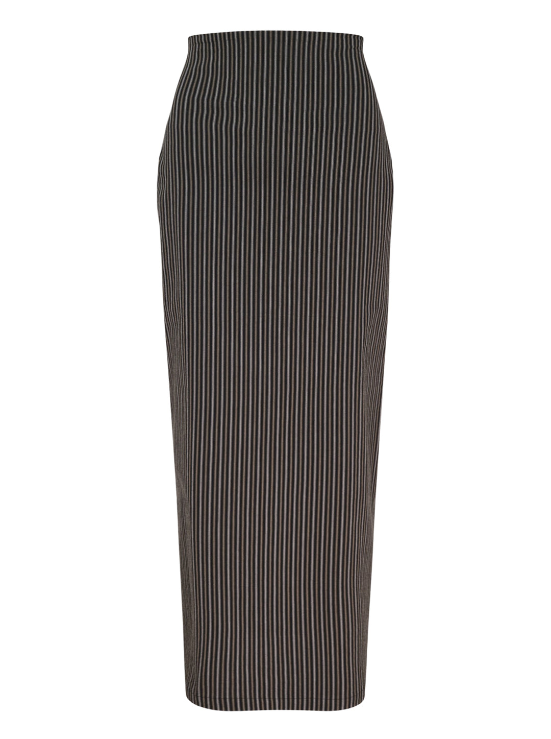 Issey Miyake Allow Stripe Midi Skirt in a fitted pencil silhouette with vertical pinstripes and a high elasticated waistband, photographed flat on a white background