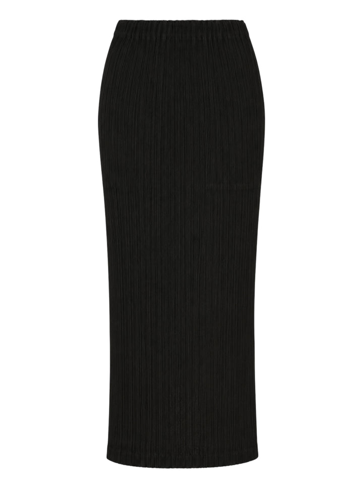 Issey Miyake Hatching Pleats black pleated midi skirt with elasticated waist, front view