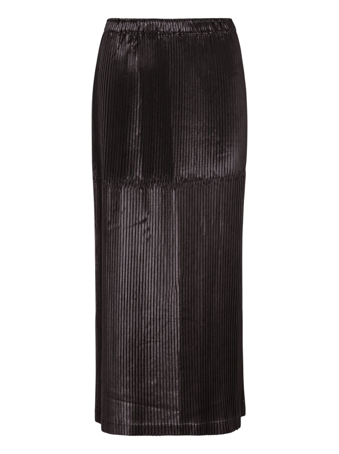 Issey Miyake Glossed Panels Pleated Skirt in black with fine vertical pleats, panelled seam detail and elasticated waistband
