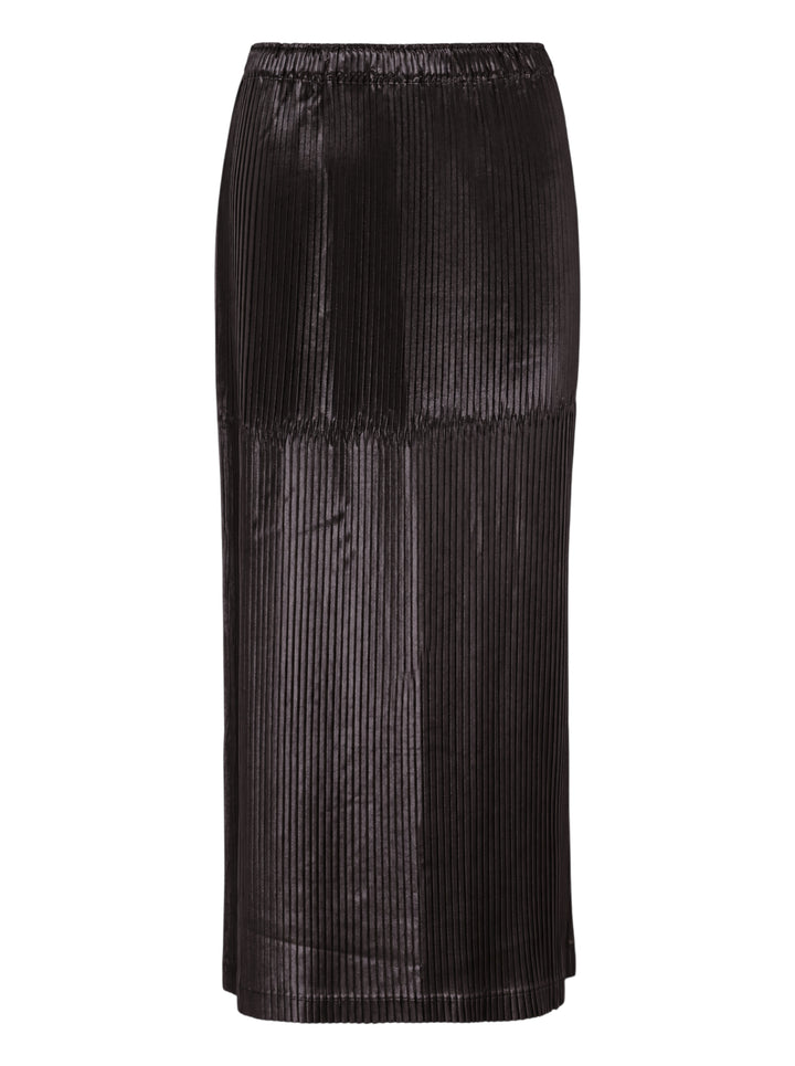 Issey Miyake Glossed Panels Pleated Skirt in black with fine vertical pleats, panelled seam detail and elasticated waistband