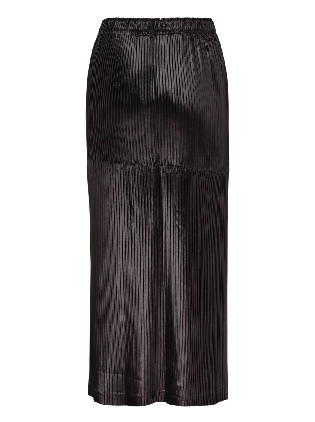 Issey Miyake Glossed Panels Pleated Skirt in black with fine vertical pleats, panelled seam detail and elasticated waistband - view 2