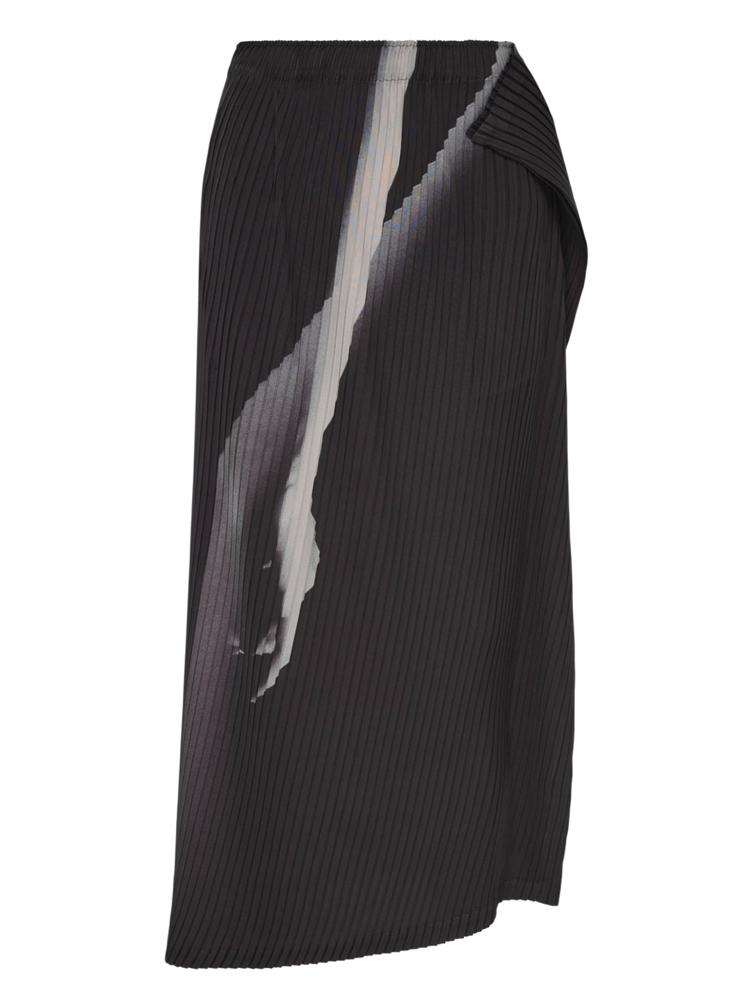 Issey Miyake Hands of Lover Pleats midi skirt in dark charcoal with abstract inkwash print and asymmetric wrap-front drape, shown in profile against a white background