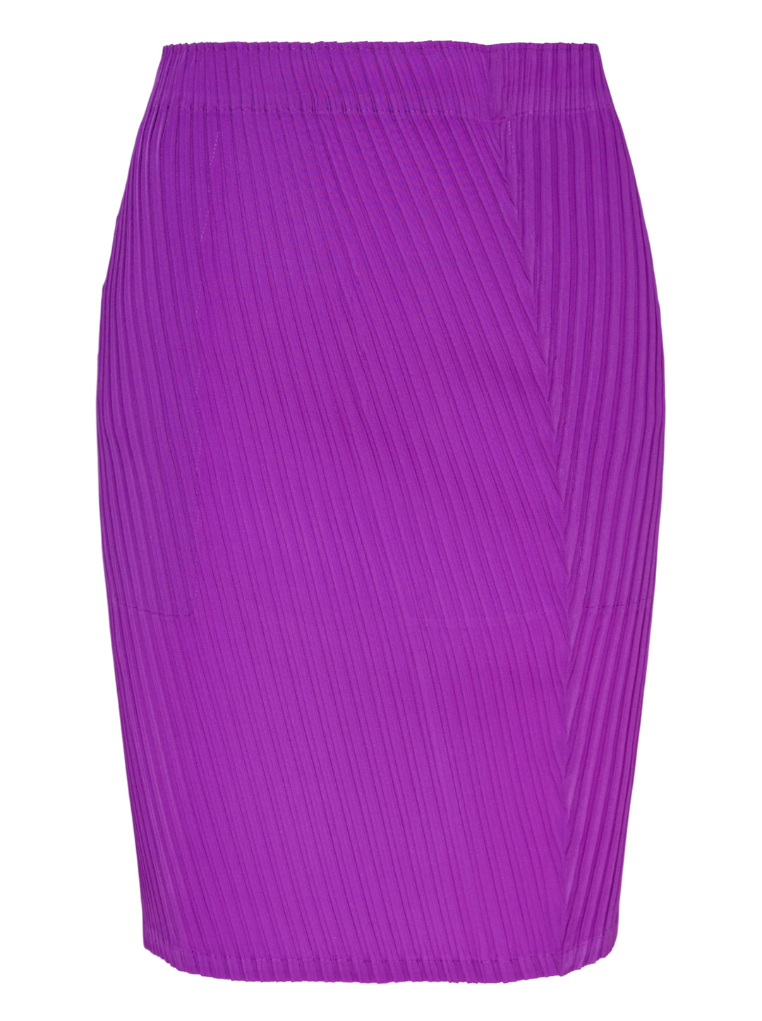 Issey Miyake Tubular Pleated Skirt in vivid purple, featuring a directional chevron pleating pattern and elasticated waistband, displayed flat against a white background