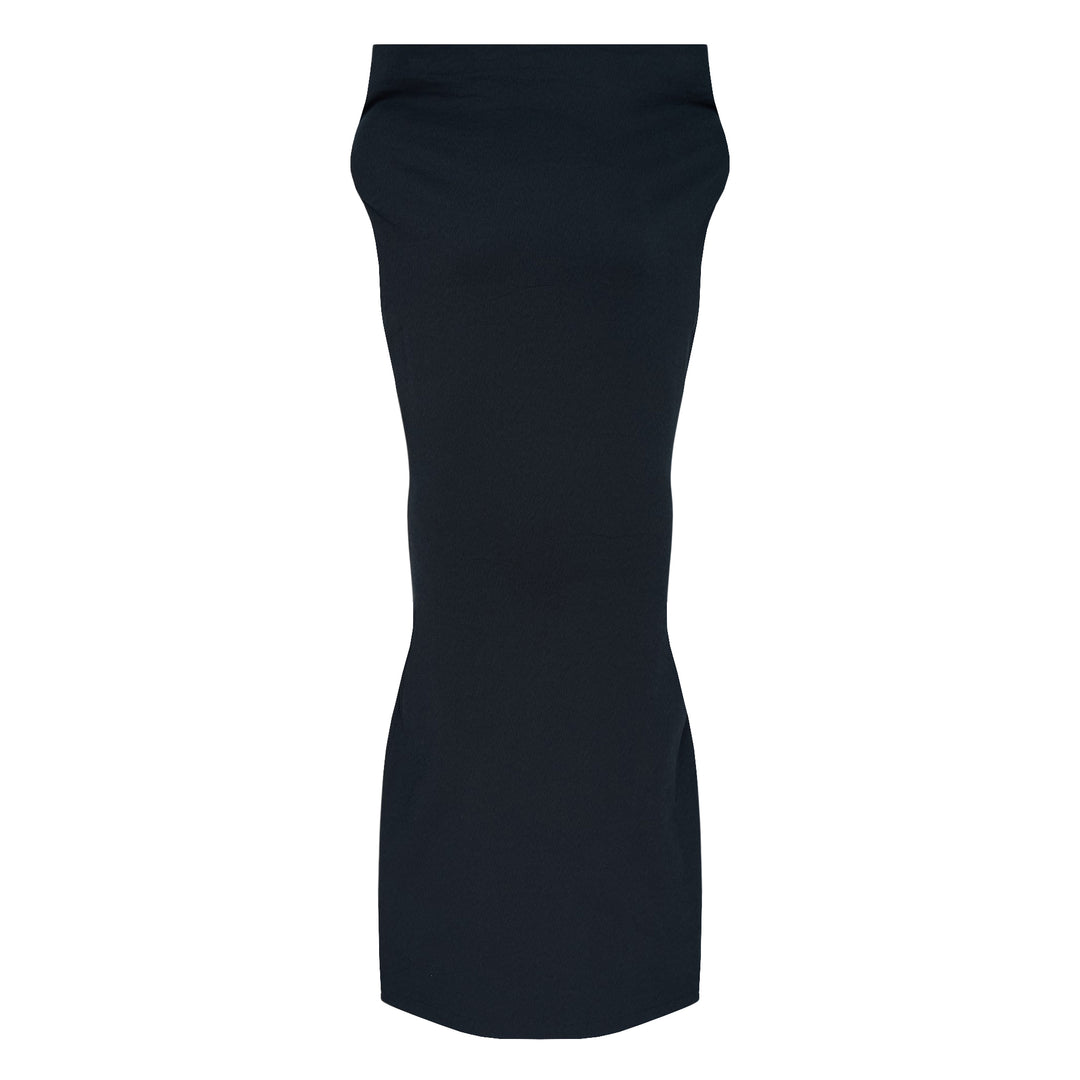 Issey Miyake woven midi dress in deep navy, featuring a structured fold-over neckline, sleeveless construction, and a sculpted body-conscious silhouette with a curved hem