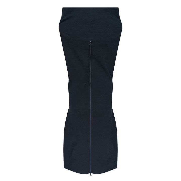 Issey Miyake woven midi dress in deep navy, featuring a structured fold-over neckline, sleeveless construction, and a sculpted body-conscious silhouette with a curved hem