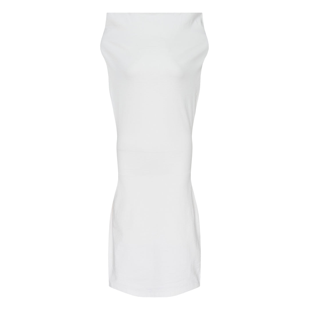 Issey Miyake woven midi dress in deep navy, featuring a structured fold-over neckline, sleeveless construction, and a sculpted body-conscious silhouette with a curved hem