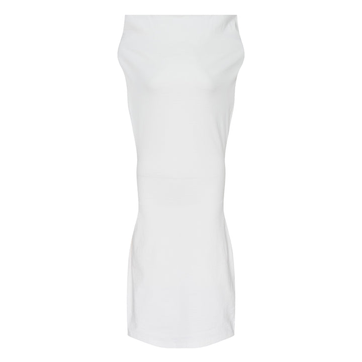 Issey Miyake woven midi dress in deep navy, featuring a structured fold-over neckline, sleeveless construction, and a sculpted body-conscious silhouette with a curved hem