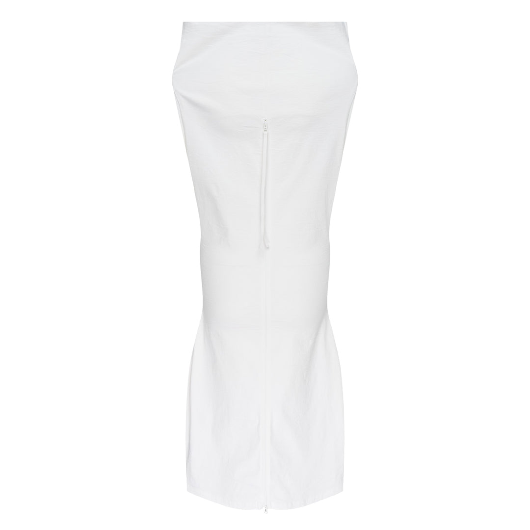 Issey Miyake woven midi dress in deep navy, featuring a structured fold-over neckline, sleeveless construction, and a sculpted body-conscious silhouette with a curved hem