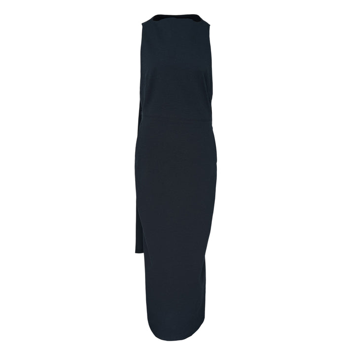 Issey Miyake ALLOW sleeveless woven midi dress in deep navy with asymmetric hem and sculptural silhouette