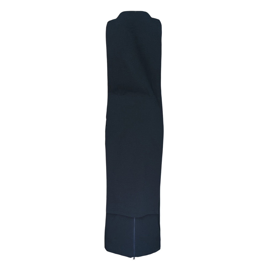 Issey Miyake ALLOW sleeveless woven midi dress in deep navy with asymmetric hem and sculptural silhouette