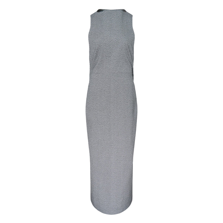Issey Miyake ALLOW sleeveless woven midi dress in deep navy with asymmetric hem and sculptural silhouette