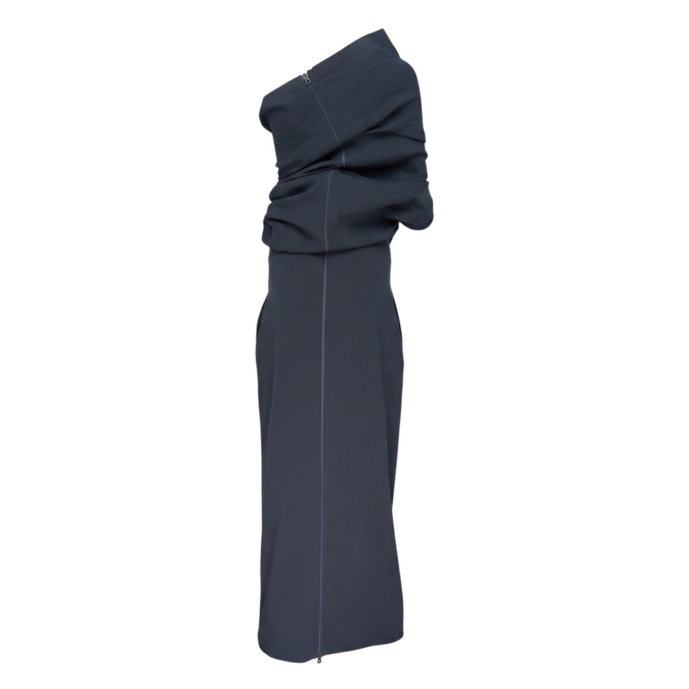 Issey Miyake ALLOW dark navy strapless midi dress with sculptural ruched and draped gathering at the neckline and a sleek column silhouette