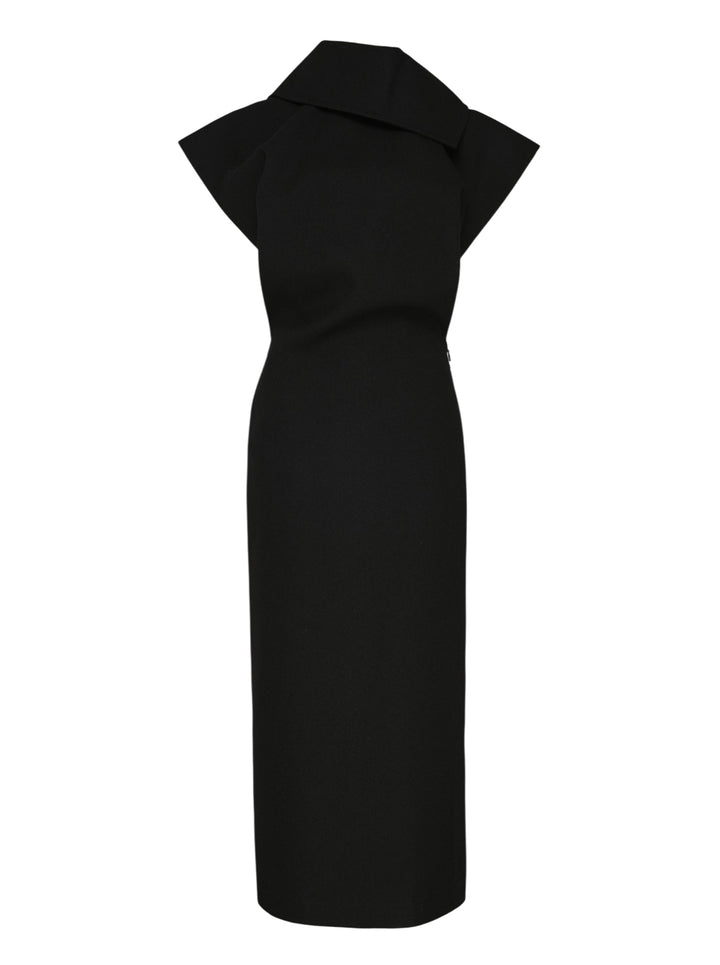 Issey Miyake CALLIGRAPH black woven midi dress with asymmetric oversized structured collar and sleeveless column silhouette