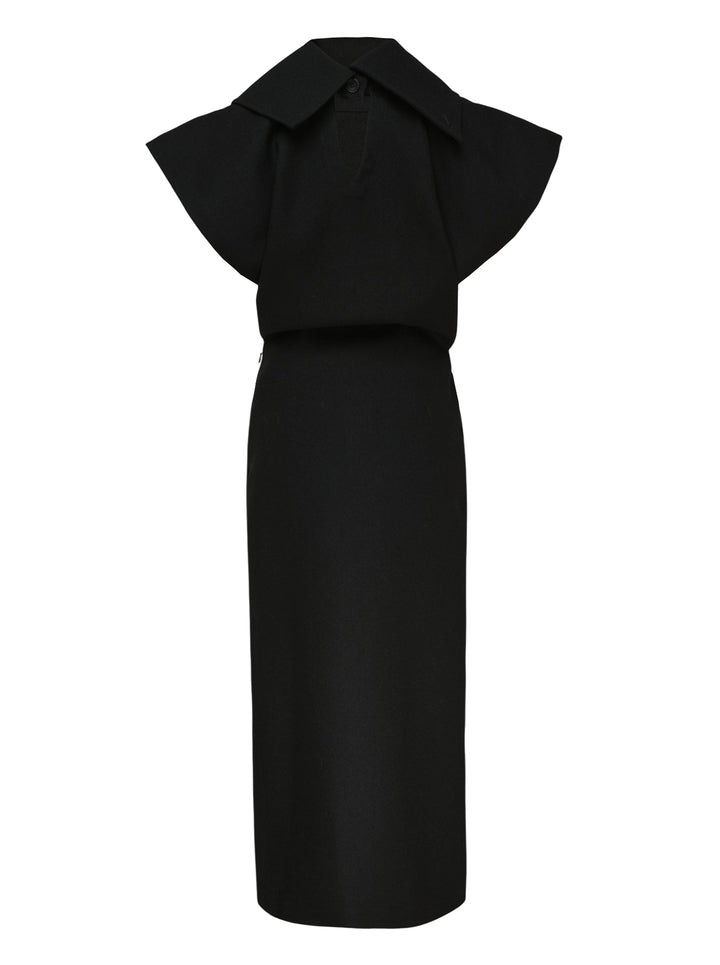 Issey Miyake CALLIGRAPH black woven midi dress with asymmetric oversized structured collar and sleeveless column silhouette - view 2