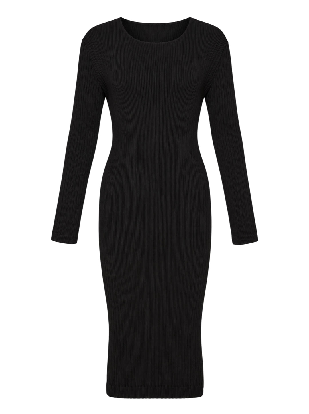 Issey Miyake Hatching Pleats black long-sleeve pleated midi dress with crew neckline, shown flat against a white background