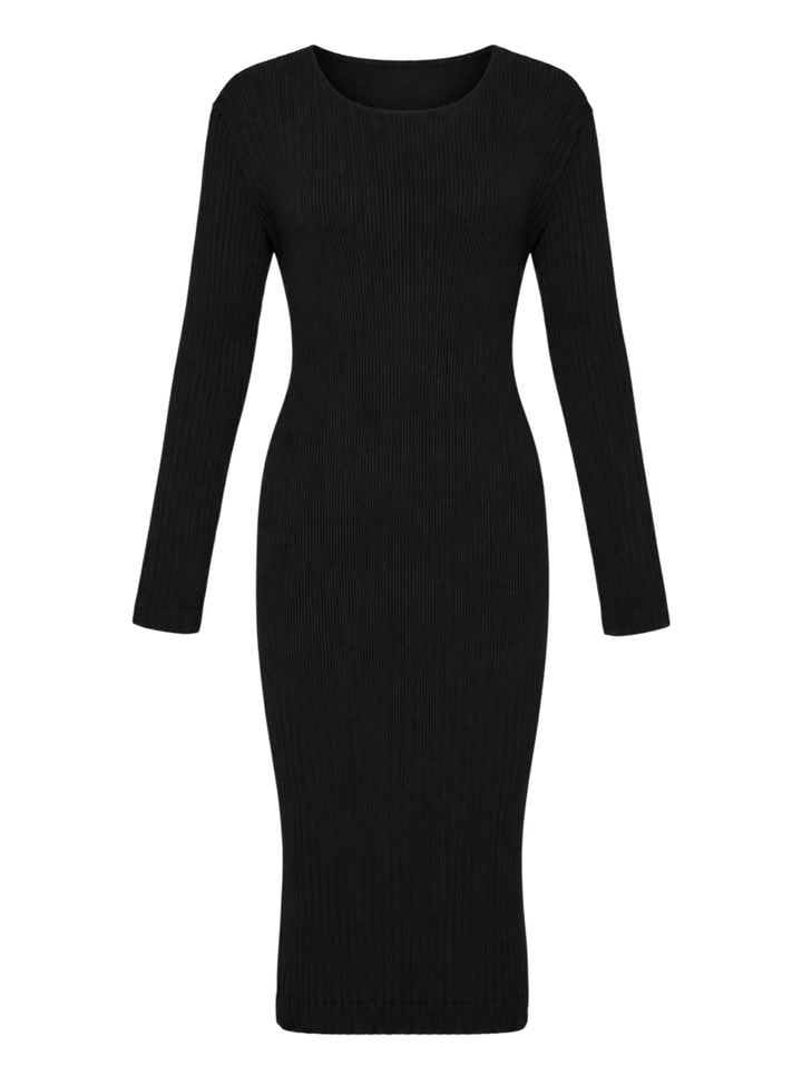 Issey Miyake Hatching Pleats black long-sleeve pleated midi dress with crew neckline, shown flat against a white background