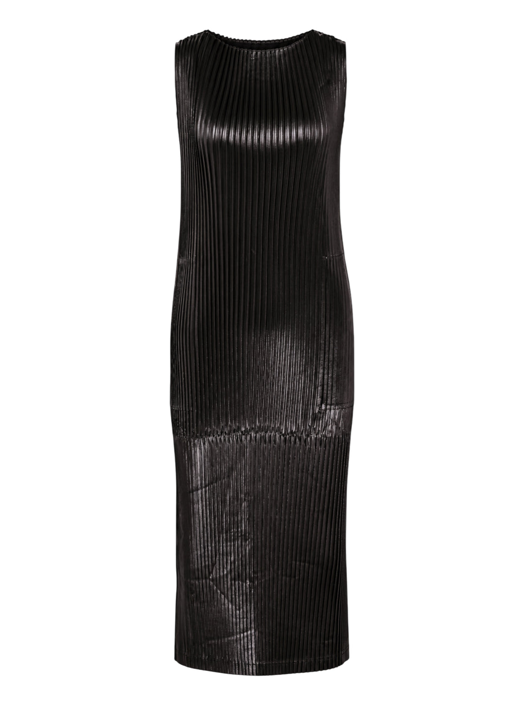 Black sleeveless glossed pleated midi dress by Issey Miyake with a round neckline and paneled seams