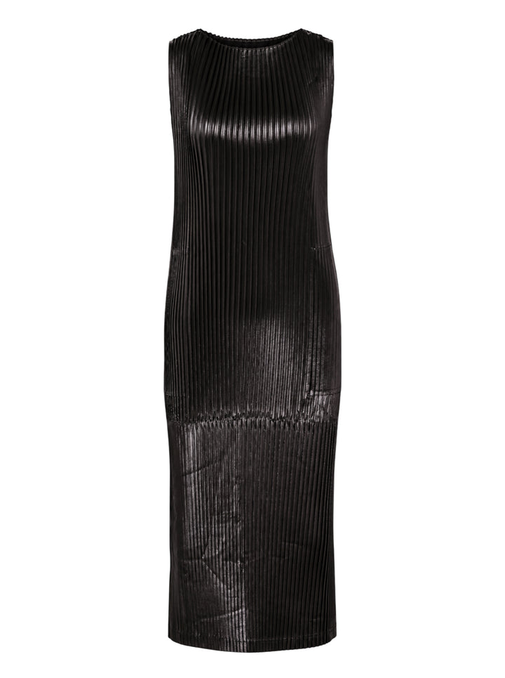Black sleeveless glossed pleated midi dress by Issey Miyake with a round neckline and paneled seams