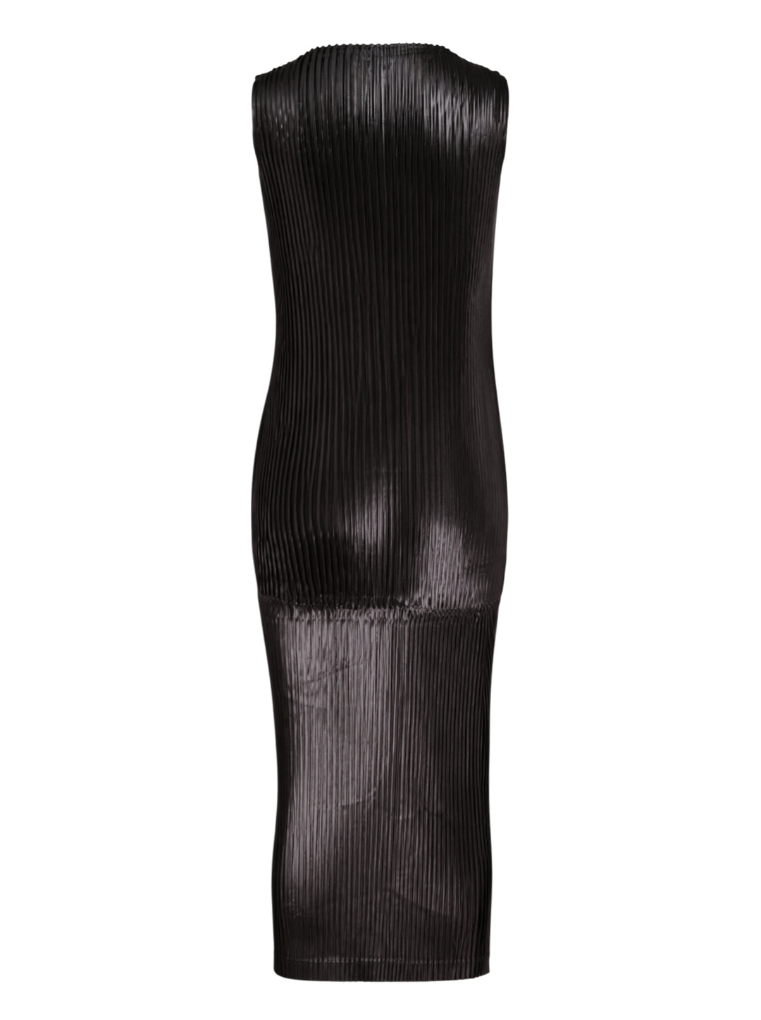Black sleeveless glossed pleated midi dress by Issey Miyake with a round neckline and paneled seams - view 2
