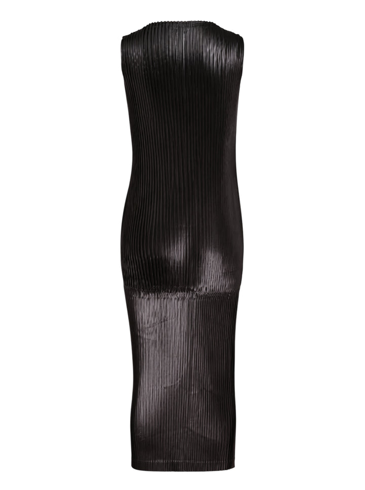 Black sleeveless glossed pleated midi dress by Issey Miyake with a round neckline and paneled seams - view 2