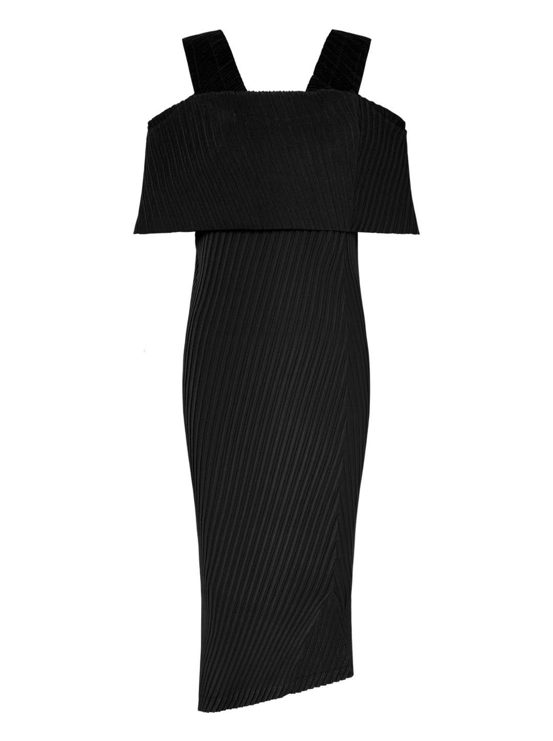 Issey Miyake Tubular Pleats black micro-pleated cold-shoulder midi dress with foldover bodice, wide straps, and asymmetric hem, displayed flat on white background