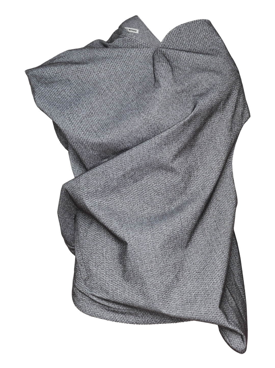 Issey Miyake Reflection woven top in heathered grey, shown flat displaying its asymmetric draped and gathered sculptural silhouette with open-weave textured fabric and visible brand label at neckline