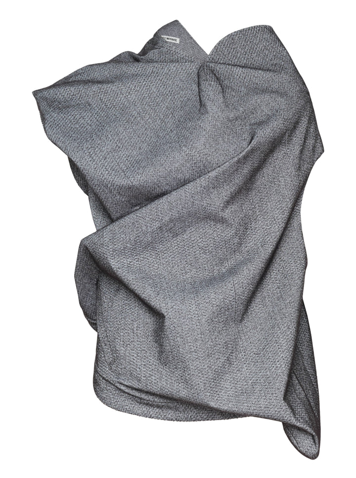 Issey Miyake Reflection woven top in heathered grey, shown flat displaying its asymmetric draped and gathered sculptural silhouette with open-weave textured fabric and visible brand label at neckline