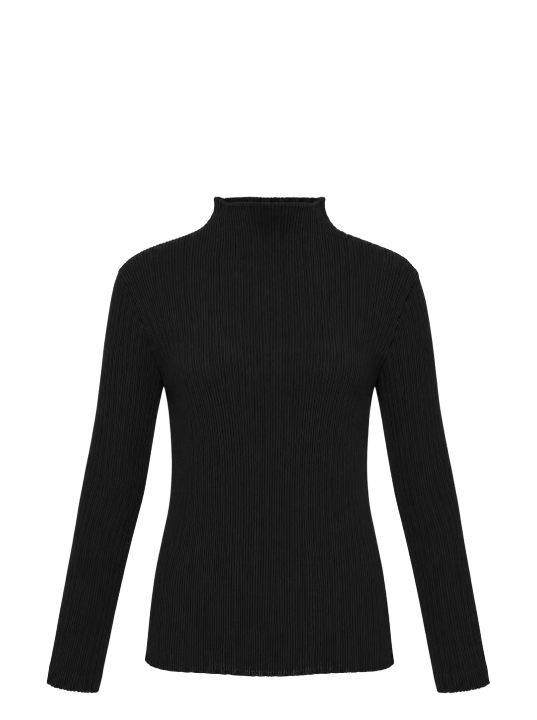 Issey Miyake Hatching Pleats black long sleeve mock-neck pleated top, front view