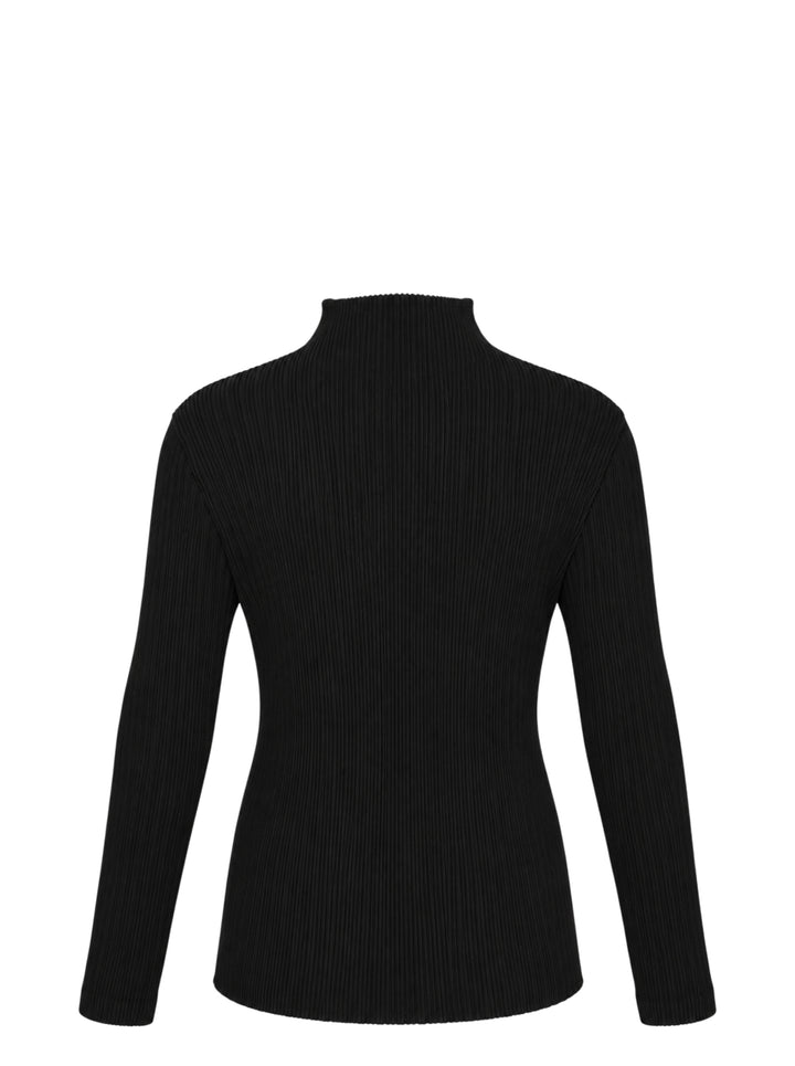 Issey Miyake Hatching Pleats black long sleeve mock-neck pleated top, front view - view 2