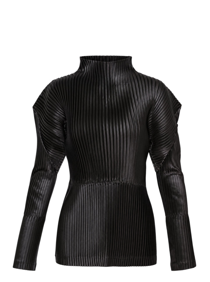 Black glossed pleated long-sleeve top by Issey Miyake with a mock neckline, sculpted shoulders and gathered waist