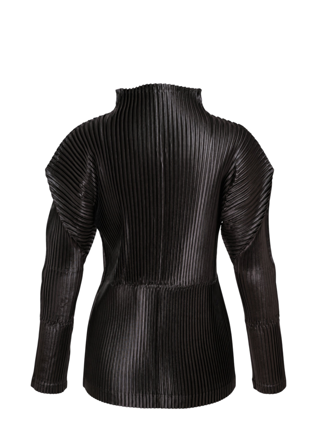 Black glossed pleated long-sleeve top by Issey Miyake with a mock neckline, sculpted shoulders and gathered waist - view 2