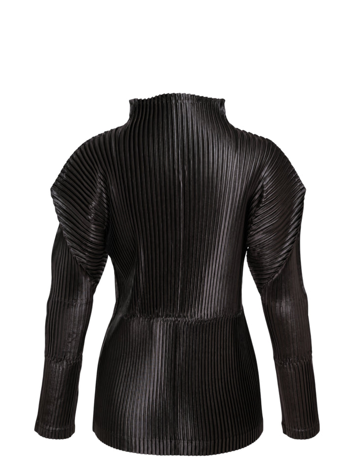 Black glossed pleated long-sleeve top by Issey Miyake with a mock neckline, sculpted shoulders and gathered waist - view 2