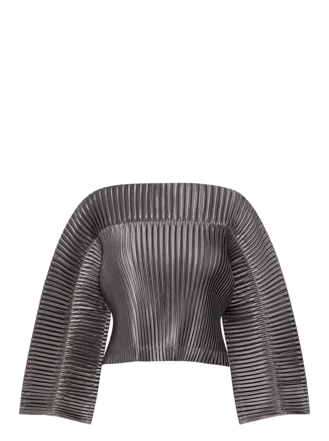 Issey Miyake glossed pleated off-the-shoulder cropped top in metallic grey with wide flared sleeves