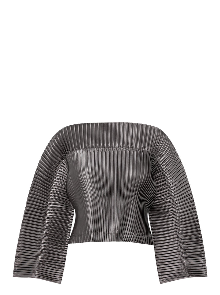 Issey Miyake glossed pleated off-the-shoulder cropped top in metallic grey with wide flared sleeves