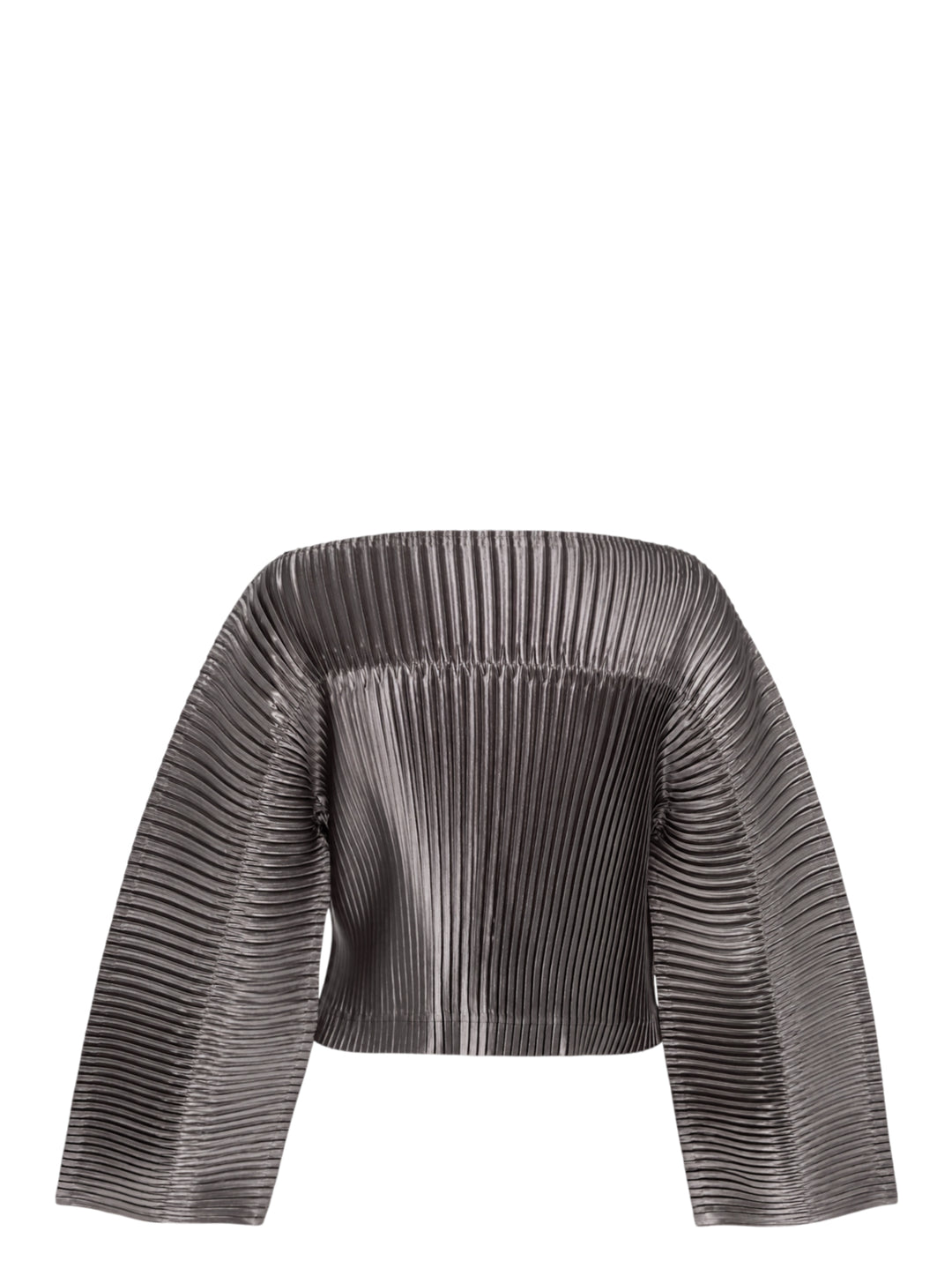 Issey Miyake glossed pleated off-the-shoulder cropped top in metallic grey with wide flared sleeves - view 2