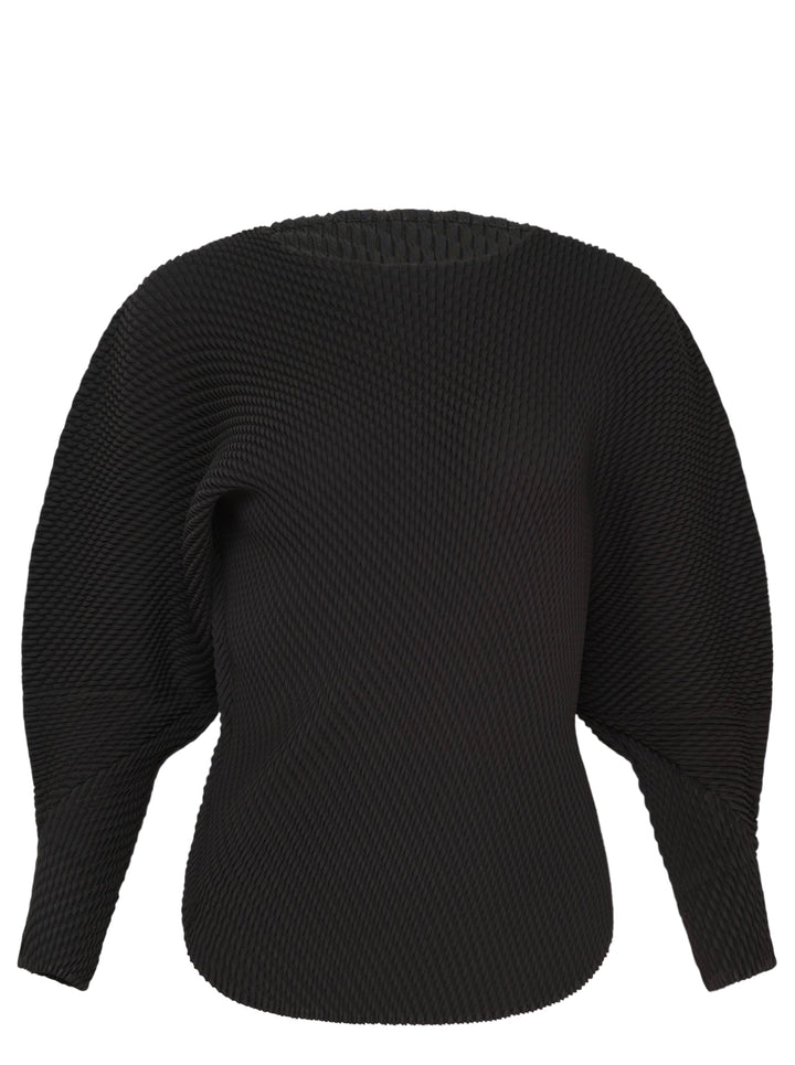 Issey Miyake Misty Pleats black pleated top, rear view, showing all-over relief pleat texture, batwing sleeves with fitted cuffs, and ribbed crew neckline