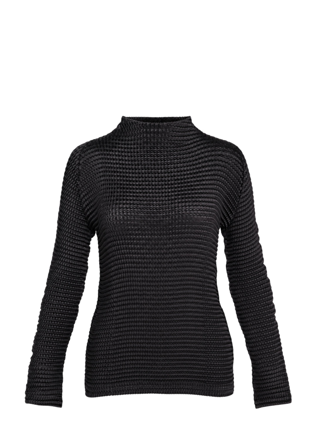 Issey Miyake Suede Like Pleats black pleated mock neck long sleeve top with ribbed texture