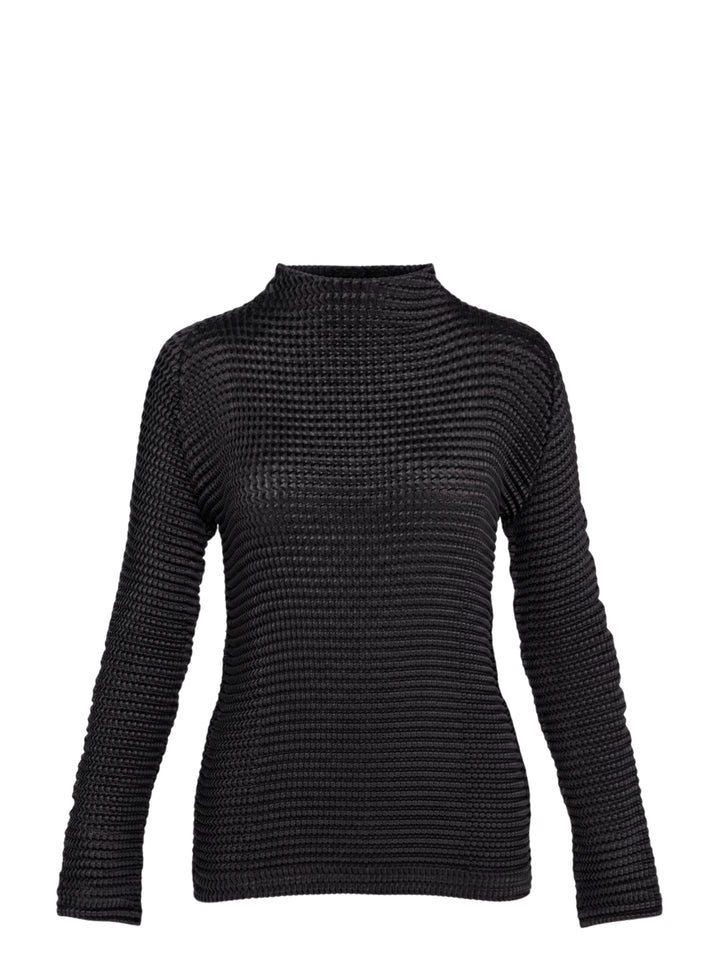 Issey Miyake Suede Like Pleats black pleated mock neck long sleeve top with ribbed texture