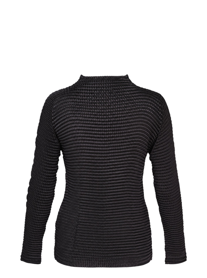 Issey Miyake Suede Like Pleats black pleated mock neck long sleeve top with ribbed texture - view 2