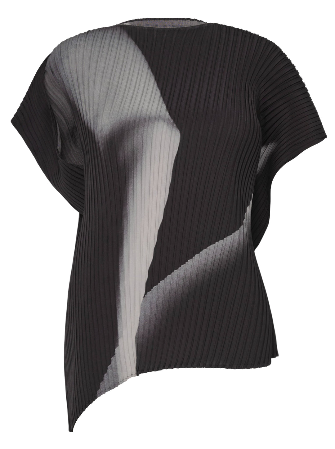 Issey Miyake Hands of Lover Pleats top in black micro-pleated fabric with an abstract monochrome photographic print, cap sleeves, and an asymmetric hemline