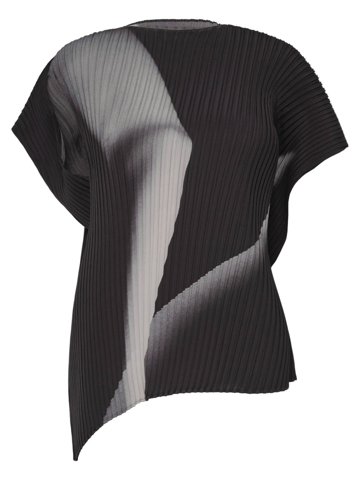 Issey Miyake Hands of Lover Pleats top in black micro-pleated fabric with an abstract monochrome photographic print, cap sleeves, and an asymmetric hemline