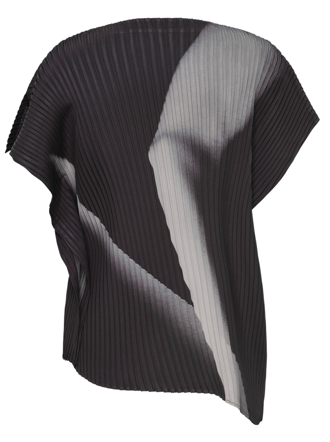 Issey Miyake Hands of Lover Pleats top in black micro-pleated fabric with an abstract monochrome photographic print, cap sleeves, and an asymmetric hemline - view 2