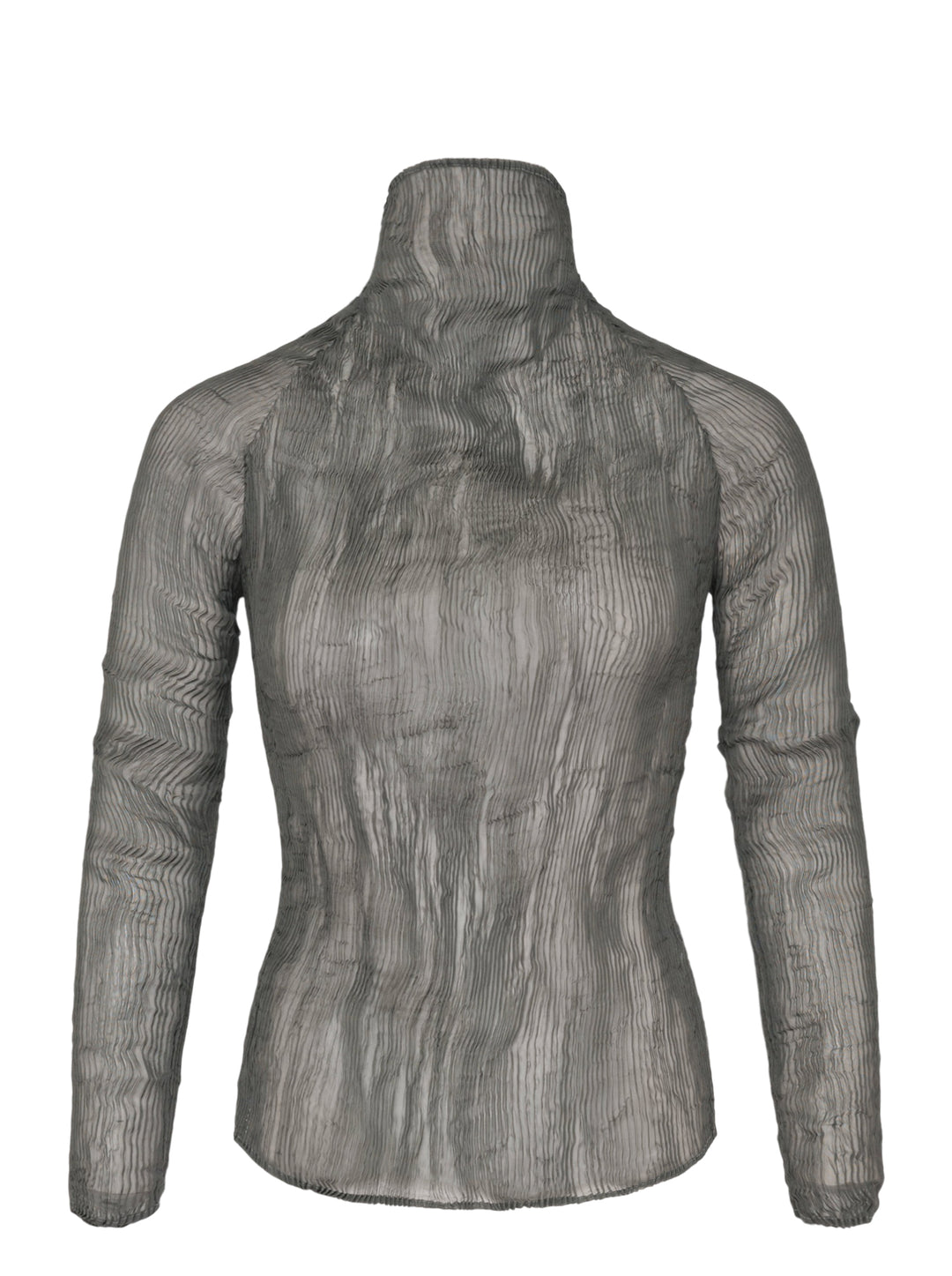 Rear view of Issey Miyake Chiffon Twist 2 woven top in grey, featuring fine horizontal pleating, a high funnel neck, and long fitted sleeves on a mannequin