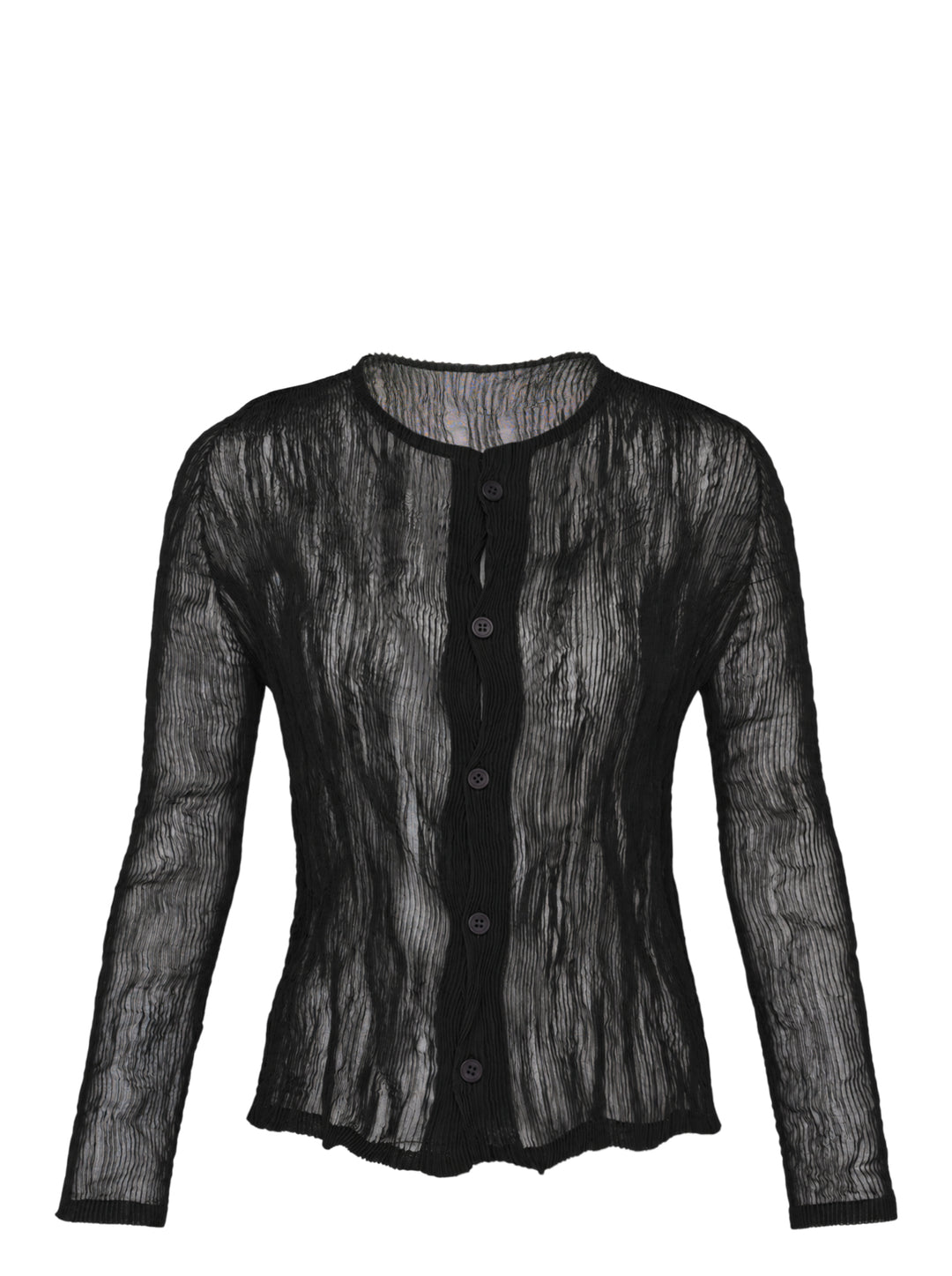 Issey Miyake sheer black chiffon twist cardigan with crinkled pleated texture, round neckline and button-front closure